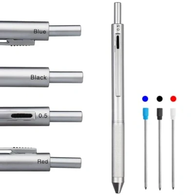 Image of HeTaoCat 4 in 1 Multicolor Pen, Metal Cased Multifunction 0.5mm Mechanical Pencil, Red Ball Blue Pen and Black (Silver)