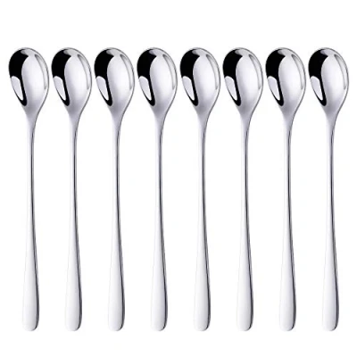 Image of BISDARUN Latte Spoons Silver Long Handle Teaspoons 18/10 Stainless Steel for Dessert Cocktail Ice Cream Sundae Coffee, 8 Inch/20.5 CM, Set of