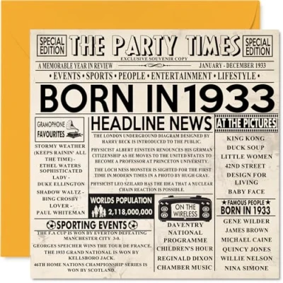 Image of 91st Birthday Cards for Men Women Born In 1933 Newspaper Happy 91 Card Grandad Grandma Nan Vintage Retro Back 1933, 145mm x Ninety One First Bday Greeting