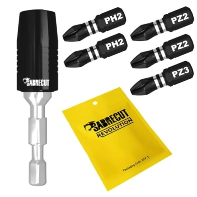 Image of 6 Piece SabreCut SCRK4 60mm Professional Magnetic Impact Bit Holder with 5 x 25mm Bits PH2 PZ2 PZ3 Phillips Pozi Compatible Dewalt, Milwaukee, Makita, Bosch and Others