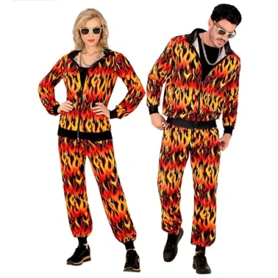 Image of W WIDMANN MILANO Party Fashion Jumpsuit with Flames Adult Unisex, 80s, Devils, Disco, Rock, Bikers, Halloween, Carnival, Theme Parties
