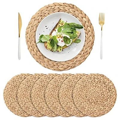 Image of IVAILEX Round Braided Placemats Set for Dining Table, Water Hyacinth Placemats, Large Handmade Woven Heat Resistant Non Slip Washable Table Mats, 6 PACK (11.8 inch (30cm))