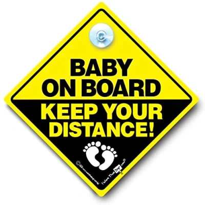 Image of Baby on Board Keep Your Distance Car Sign, Sign With Suction Cup Window Attachment, in Super Bright Yellow and Black 14cm x