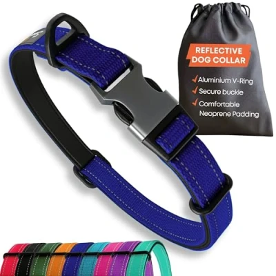 Image of Dog Collar Small Dogs Strong Reflective Adjustable Padded Collars Metal Buckle, Aluminium V ring, Safety. Nautical Navy Blue