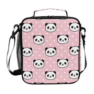 Image of FFY Go Girls Panda Lunch Bags Cute Pink Heart Large Insulated Box Tote Bag Cold Thermal Freezable Shoulder Strap for Kids Teen School Work