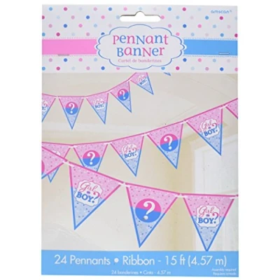 Image of Amscan 120212 Gender Reveal Party Girl or Boy Pennant Banner &amp; Ribbon Decoration 4.57m