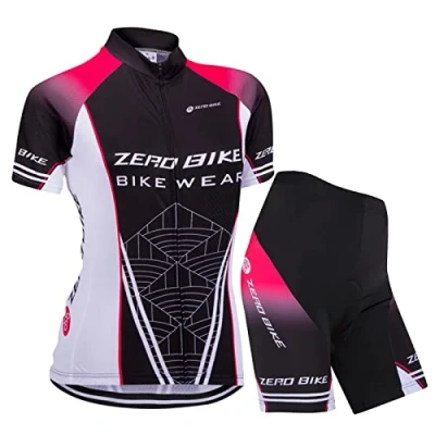 Image of ZEROBIKE Women&#039;s Short Sleeve Breathable Cycling Jersey Set, Quick Dry Biking Shirt with 3D Cushion Shorts Padded Pants (Black Net, M)