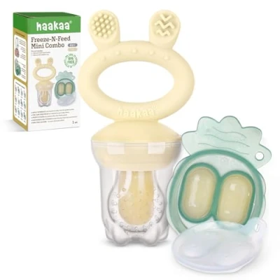 Image of Haakaa Baby Fruit Food Feeder &amp; Mini Freezer Nibble Tray Combo, Breastmilk Popsicle Molds for Cooling Relief, BPA Free Silicone Safe Infant Self Feeding, 4 Month+(Oat)