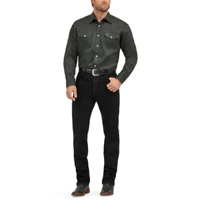 Image of Wrangler Men&#039;s Cowboy Cut Western Long Sleeve Snap Work Shirt Washed Finish, Black Forest Green, Large
