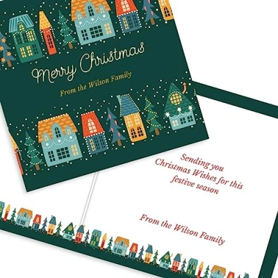 Image of Personalised 20 Christmas Cards bespoke to You (Christmas Houses)