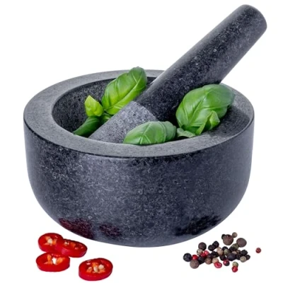 Image of Homiu Pestle And Mortar Set Granite Stone Large Bowl &amp; Grinder Premium Solid Natural Spice Herb Seed Garlic Crusher 16cm(6.3&quot;) Diameter
