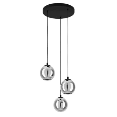 Image of EGLO Ariscani Cluster Pendant Lamp, 3 Shades Dining Room Ceiling Light, Black Metal and Smoked Glass Hanging Light Fitting, E27 Socket, 16.7