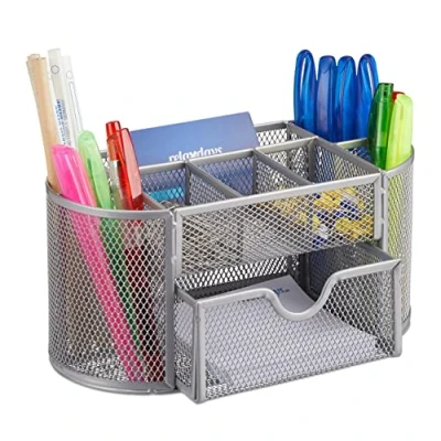 Image of Relaxdays Desk Organiser, Stationery Tray with Pen Holder &amp; Note Box, HWD: 10.5x22x11cm cm, Silver