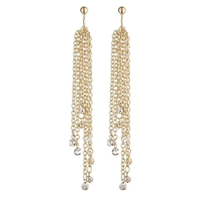 Image of Clip On Earrings Gold Plated Drop With Long Chains And Crystals Dana