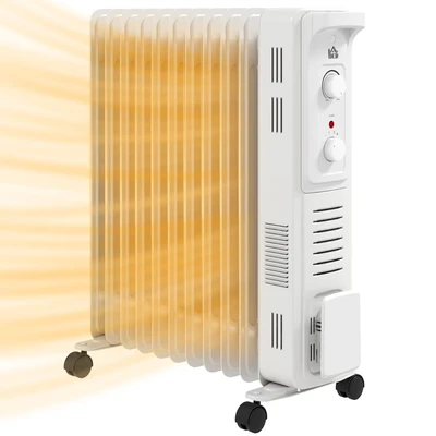 Image of HOMCOM 2500W Oil Filled Radiator, 11 Fin Energy Efficient Portable Electric Heater with 3 Heat Settings, Adjustable Thermostat, Safety Tip Over, Overheat Protection, for Home, White