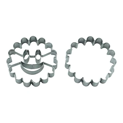Image of BekkiB 2 Piece Cookie Cutters Set Stainless Steel Round with Laughing Face for Spitzbuben, Hilda Rolls &amp; Cookies Dishwasher Safe