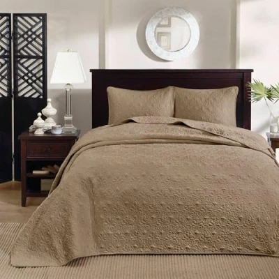 Image of Madison Park Quebec Reversible Quilt Set Damask Design, Double Sided Stitching All Season, Lightweight Bedspread Bedding Set, Matching Sham, Khaki, King(120&quot;x118&quot;) 3 Piece