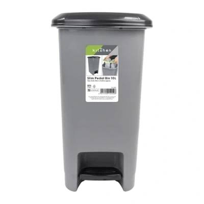 Image of JVL Slim Plastic Lidded Foot Pedal Waste Bin, 10L, Grey