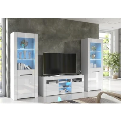 Image of Furneo High Gloss &amp; Matt White Living Room Set TV Stand Display Cabinets MilanoW Blue LED Lights