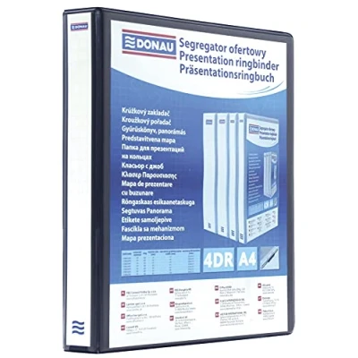 Image of Display Ringbinder DONAU PP A4/4RD/16 Black/Document Archiving/Type / Kind Ofertowy/Pockets 2 Wewnętrzne, Zewnetrzne, 1 Grzbietowa/Material Cardboard/pp/Colour Black/Format A4