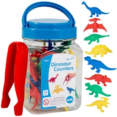 Image of edxeducation Dinosaur Counters Mini Jar Set of 32 Learn Counting, Colours, Sorting and Sequencing Maths Resources for Early Years