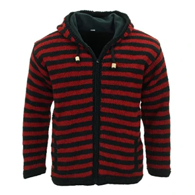 Image of LOUDelephant Hand Knitted Wool Hooded Jacket Cardigan Stripe Red Black (X Large)