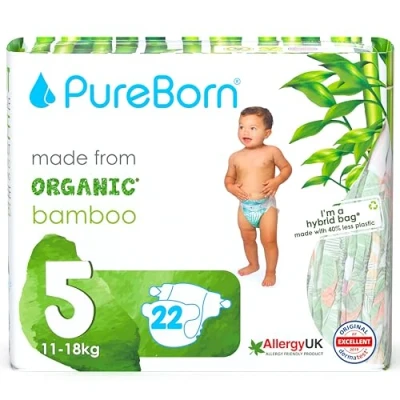 Image of PureBorn Eco Organic Bamboo Nappies, Size 5 (11 18 kg), 22 Hypoallergenic, Ultra Soft, Dermatologically Tested, Wetness Indicator