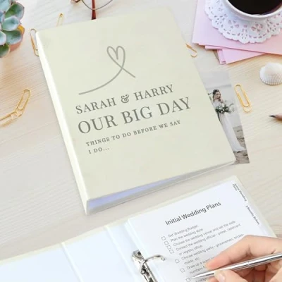 Image of Custom Personalised Grey Heart Wedding Planner. Hardback binder style. Engagement, Married, Couples