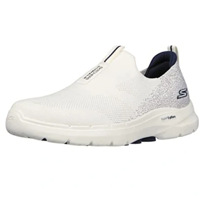 Image of Skechers Men&#039;s Gowalk 6 Scarpe Da Passeggio Elasticizzate Walking Shoe, White and Navy Blue, 13 UK