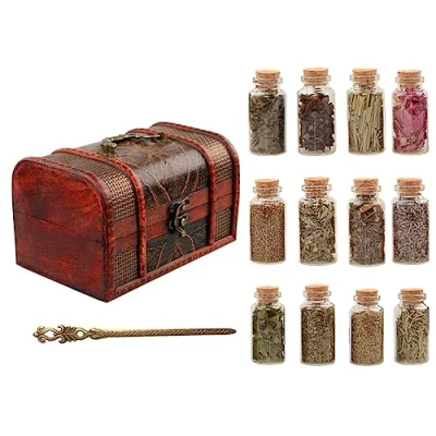 Image of 12 Bottles of Magical Herb with Vintage Box for Wicca, Pagan and Wiccan Rituals, Altar Supplies, Magic Spells More