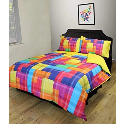 Image of Single Bed Tetris Tartan Multicoloured Duvet Cover Set Reversible Bedding