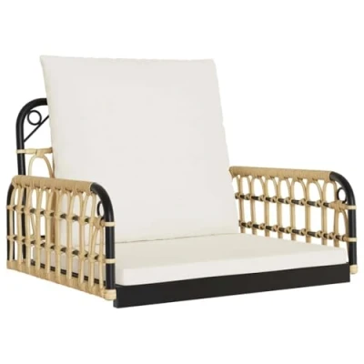 Image of vidaXL Swing Chair with Cushions PE Rattan, Steel Frame, Cream White Outdoor Garden Patio Hammock 60x58x39 cm