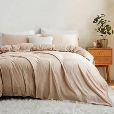 Image of Lanqinglv Flannel Fleece Bed Linen 135 x 200 cm Beige Plush Fluffy Winter Warm Cashmere Touch Flannelette Plain Duvet Cover with Zip and Pillowcase 80