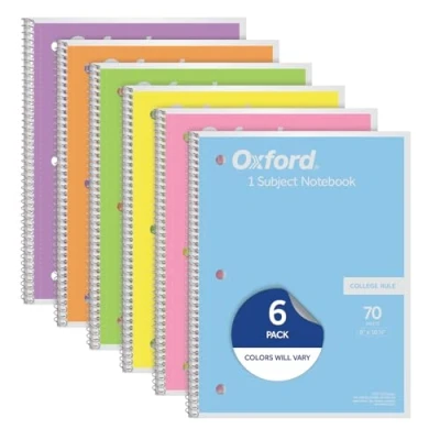 Image of Oxford Spiral Notebook 6 Pack, 1 Subject, College Ruled Paper, 8 x 10 1/2 Inch, Pastel Pink, Orange, Yellow, Green, Blue and Purple, 70 Sheets (63756)