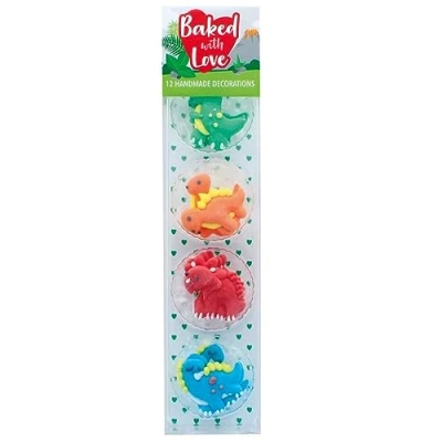 Image of Baked with Love Dinosaur Cupcake Decorations, Bright and Colourful Handmade Edible Sugar Pipings For Cakes Pack of 12 (0650132)