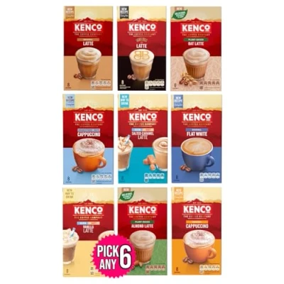 Image of Kenco Instant Coffee Sachets Pick Any 6 packs from 9 Blend Inc: Almond Latte, Vanilla Oat Baileys Cappuccino, Flat White, ICED HOT salted Caramel Latte Etc.