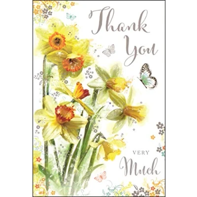 Image of Stunning Artistic Thank You Card (JJ SG88) Daffodils and Butterflies Beautiful Foil, Flitter Embossed Finish Greeting for Any Recipient From the Secret Garden Range
