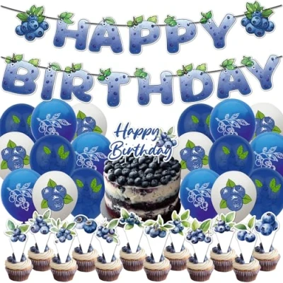 Image of Blueberry Party Decorations Birthday Supplies Includes HAPPY Banner Cake Topper Cupcake Toppers for Fruit Baby Shower Decor