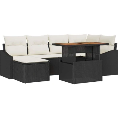 Image of vidaXL 7 Piece Garden Dining Set with Cushions Black Poly Rattan Acacia