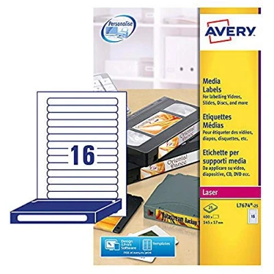 Image of Avery L7674 25 Printable, Customisable Video Spine/Data Storage Labels, 16 Labels Per A4 Sheet, White