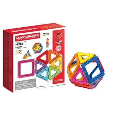 Image of Magformers 14 piece Magnetic Construction Tiles Toy. STEM Teaching Resource. With 6 Squares and 8 Triangles. For Children Aged 3+.