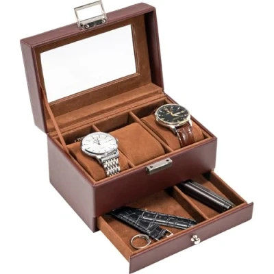 Image of ProCase Watch Box for Men, 3 Slot Display Case With Drawer, Mens Glass Lid, 2 Layer Jewelry and Storage Holder Organizer Men Women Slot, Espresso