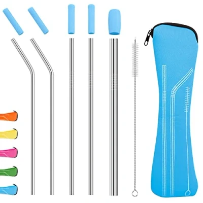 Image of Uoking Metal Straw, 5 Pack Stainless Steel Straws Friendly Drinking Reusable Straw with Silicone Tips Cover &amp; 1 Cleaning Brushes (Blue)