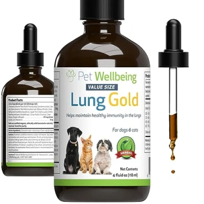 Image of Pet Wellbeing Lung Gold for Dogs &amp; Cats Immune Support, Lower Respiratory Health, Open Airways, Normal Breathing, Reishi, Coptis Veterinarian Formulated Herbal Supplement 4 oz (118 ml)