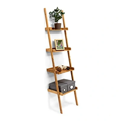 Image of Relaxdays Wooden Shelf Bamboo Bookcase 4 Shelves 176 x 44 37 cm Bathroom with Tiers Living Room Office Bookshelf Wall Leaning Shelving Unit, Natural