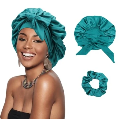Image of DRESHOW Satin Braid Bonnet for Women Silk Sleeping Sleep Cap with Elastic Tie Band Night Long Curly Hair Locs
