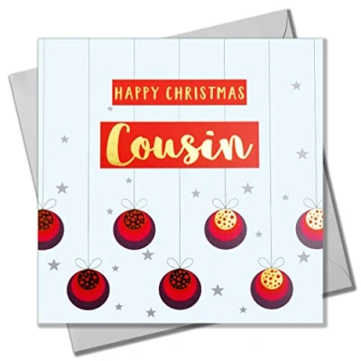 Image of Christmas Card, Cousin Baubles &amp; Stars, text foiled in shiny gold