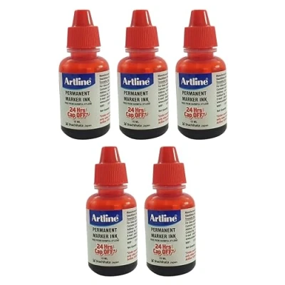 Image of Artline Permanent Marker Pens Refill Ink Bottles, RED, Pack of 5, Volume 15ml per Bottle, for Markers, Refills