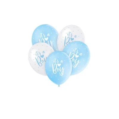 Image of Unique Party 56115 12&quot; Pearlised Latex Assorted Blue &quot;It&#039;s A Boy&quot; Baby Shower Balloons, Pack of 5