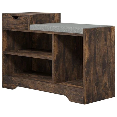 Image of HOMCOM Shoe Storage Bench, Rack Bench with Seating Cushion, Drawer, 3 Open Compartments and Table Top for Entryway, Hallway, Rustic Brown